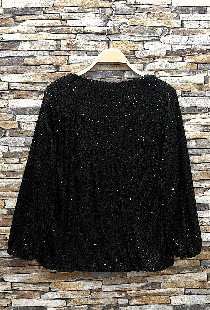 ES161 Black Sequin V-Neck Top