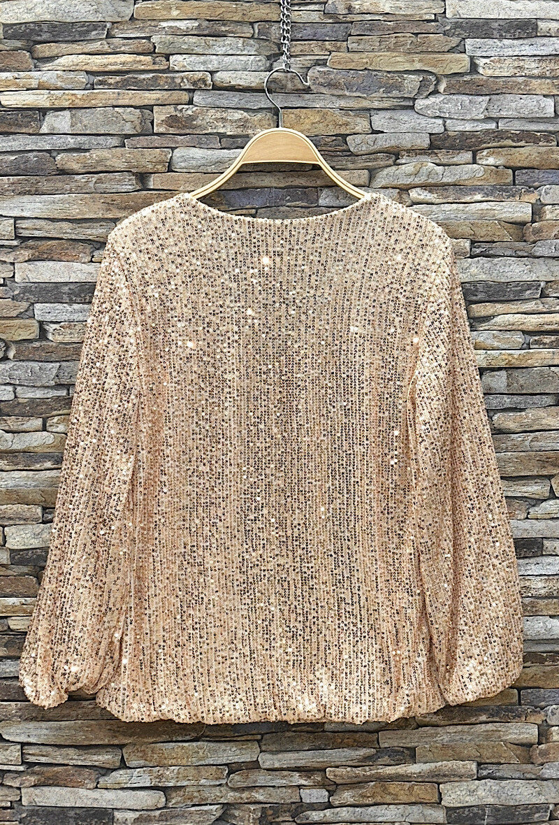 ES162 Beige Sequin V-Neck Top