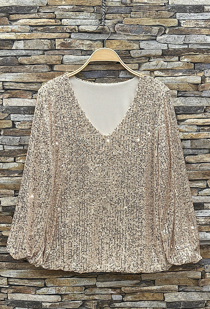 ES163 Ecru Sequin V-Neck Top