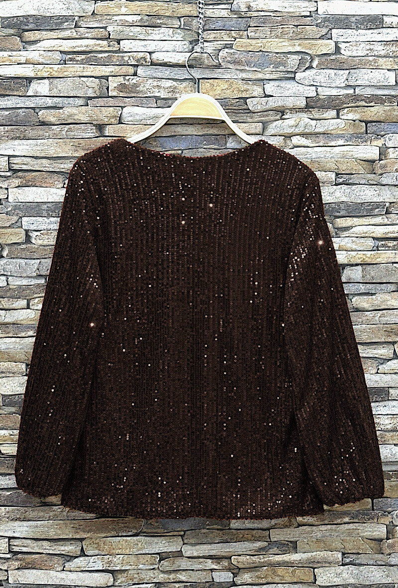 ES164 Dark Brown Sequin V-Neck Top