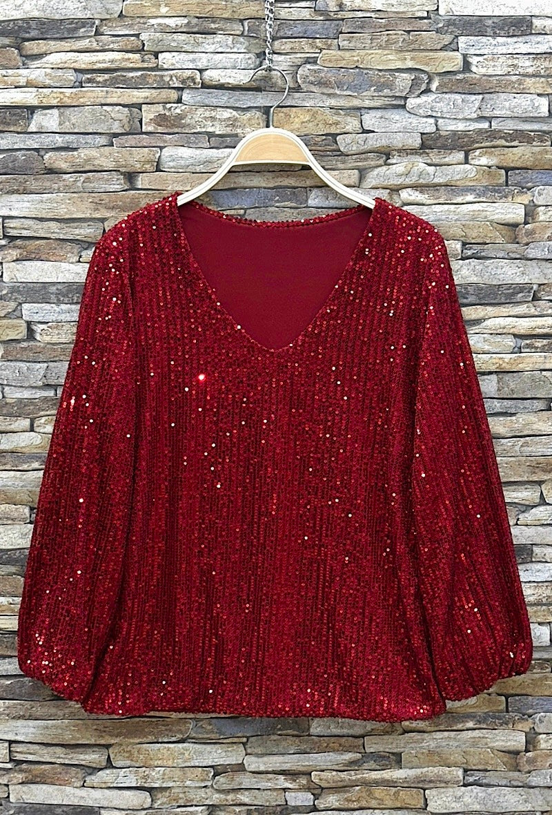 ES165 Red Sequin V-Neck Top