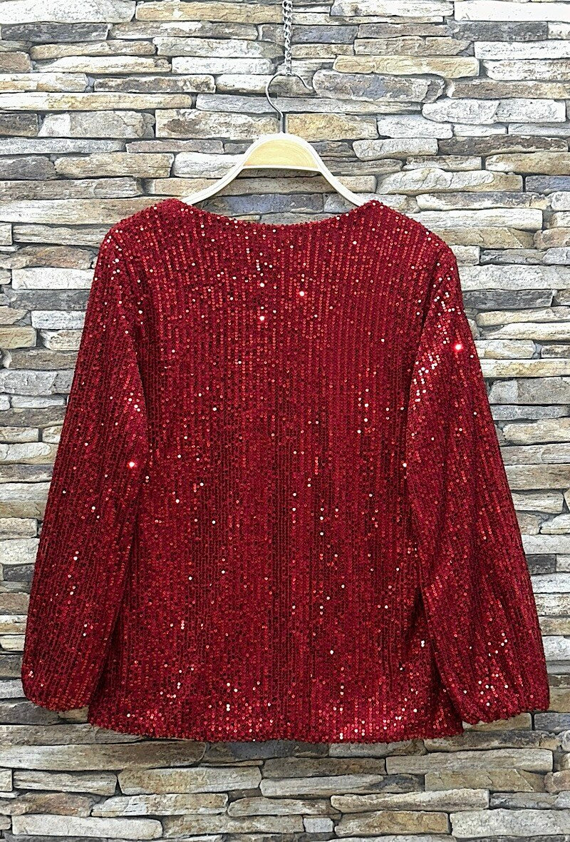 ES165 Red Sequin V-Neck Top