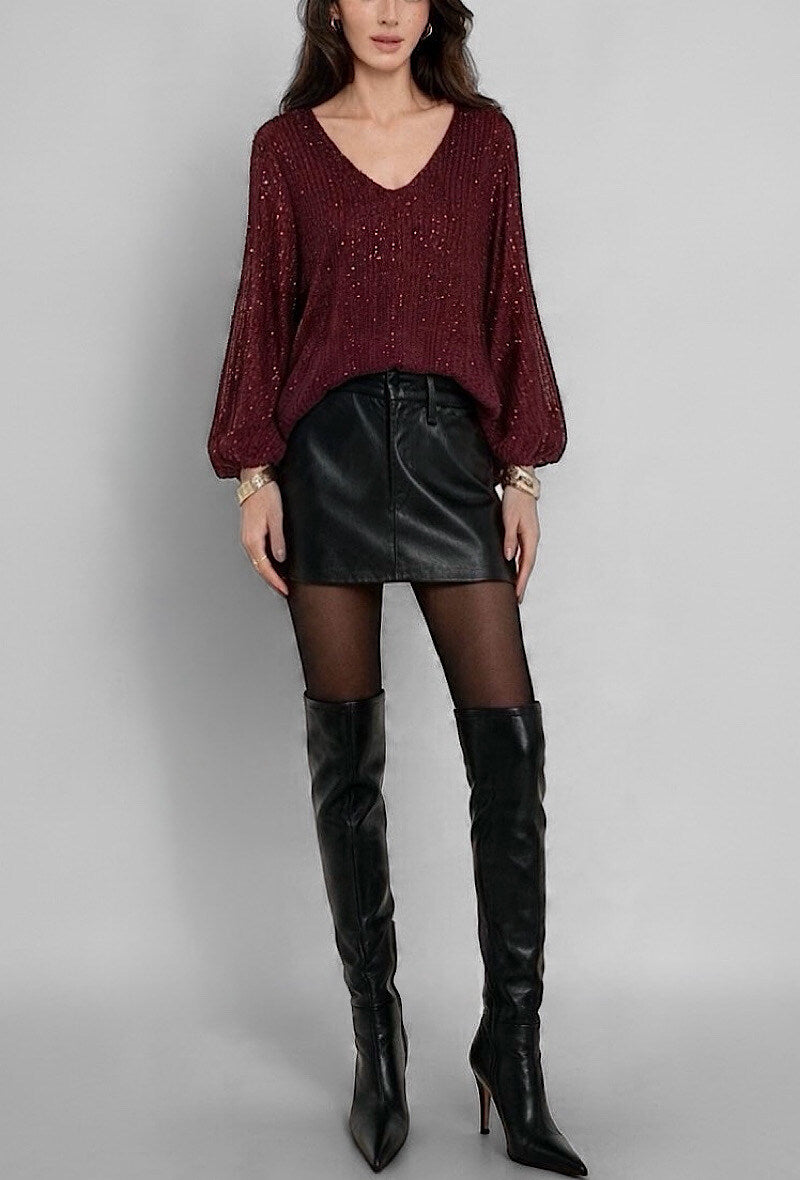 ES166 Burgundy Sequin V-Neck Top