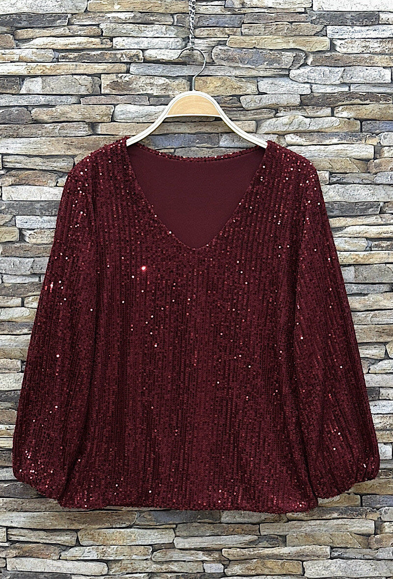 ES166 Burgundy Sequin V-Neck Top