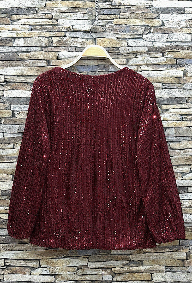 ES166 Burgundy Sequin V-Neck Top