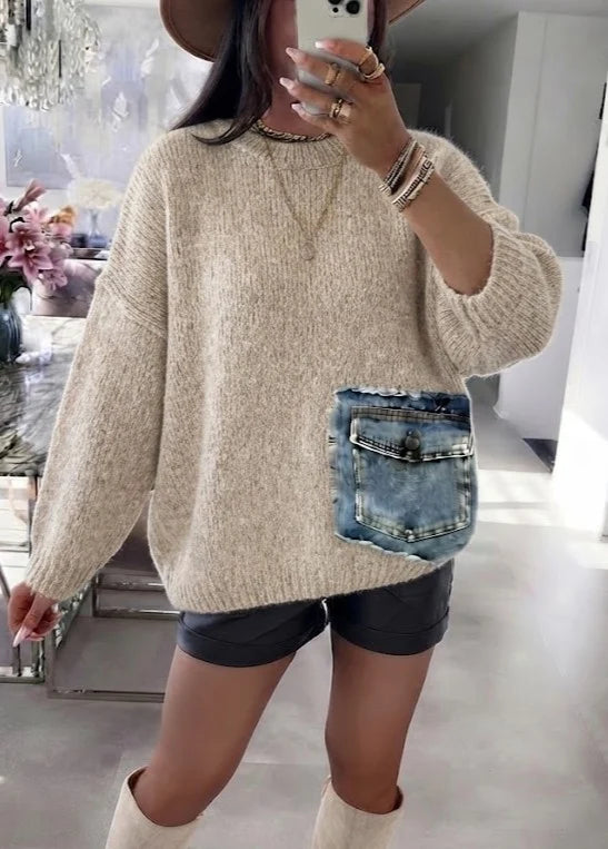 ESTDP3 Beige Mohair Denim-Pocket Sweater