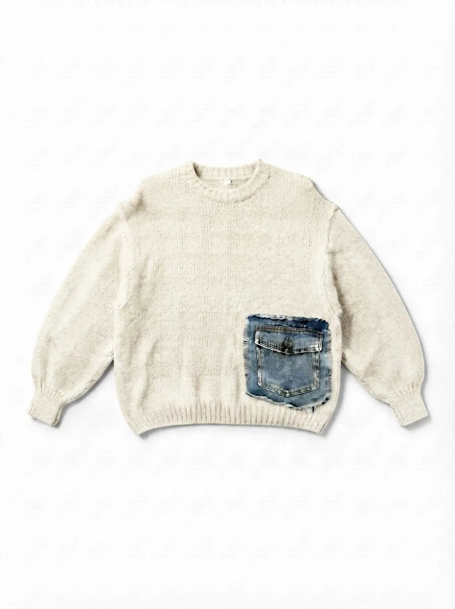 ESTDP3 Beige Mohair Denim-Pocket Sweater