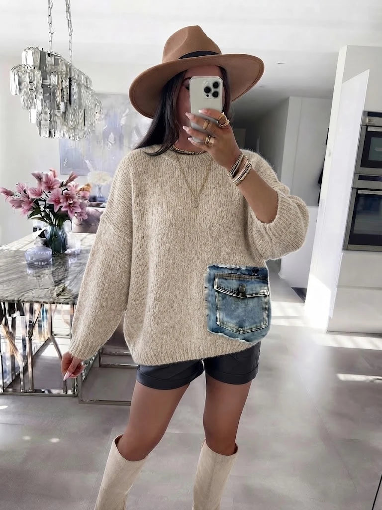 ESTDP3 Beige Mohair Denim-Pocket Sweater