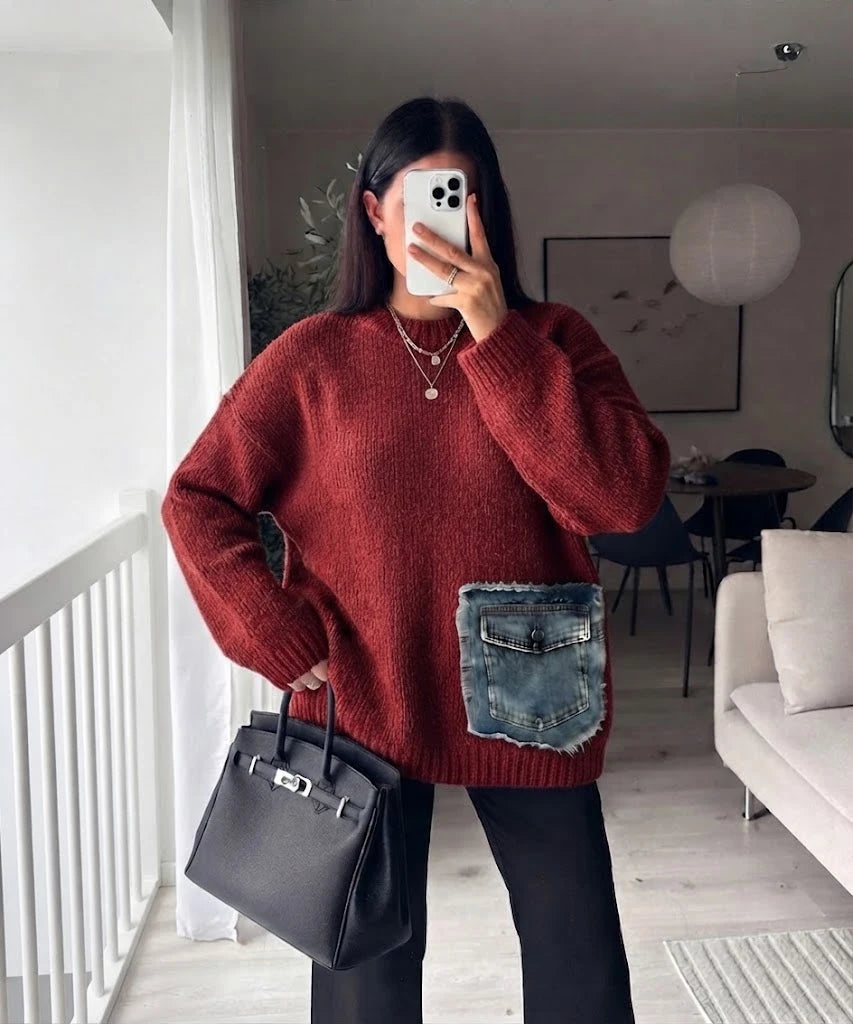 ESTDP2 Burgundy Mohair Denim-Pocket Sweater