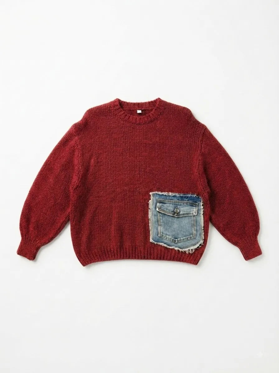 ESTDP2 Burgundy Mohair Denim-Pocket Sweater