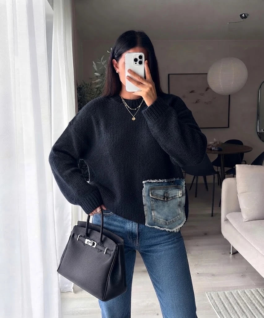ESTDP1 Black Mohair Denim-Pocket Sweater