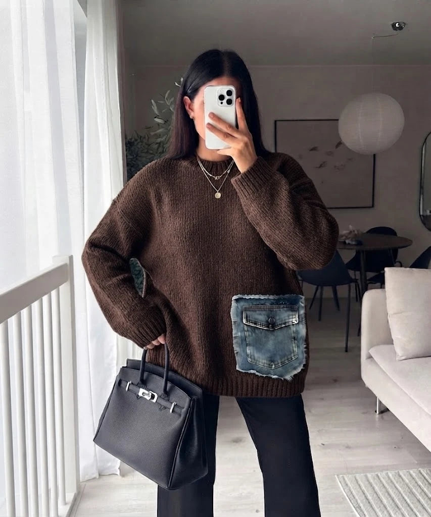 ESTDP4 Chocolate Mohair Denim-Pocket Sweater