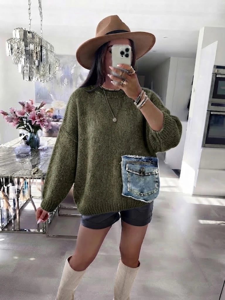 ESTDP6 Khaki Mohair Denim-Pocket Sweater