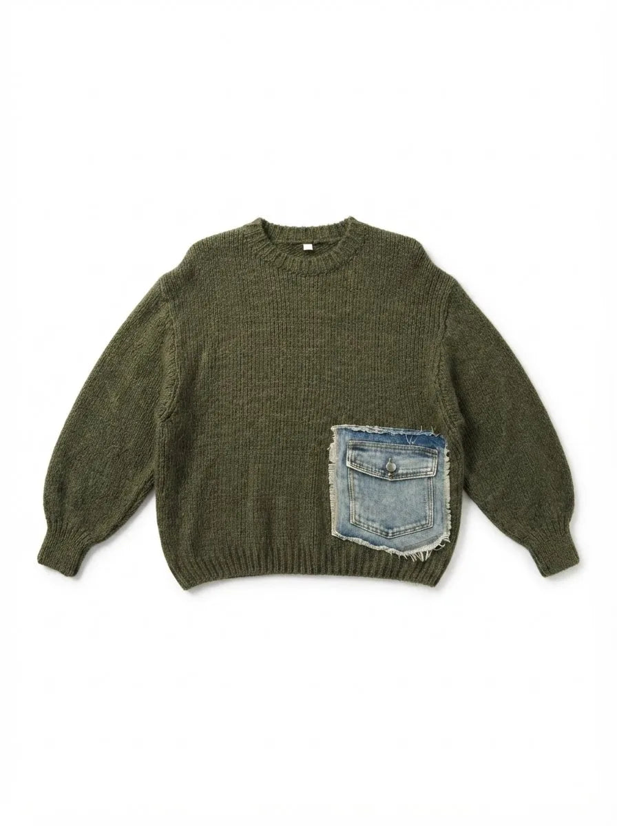 ESTDP6 Khaki Mohair Denim-Pocket Sweater