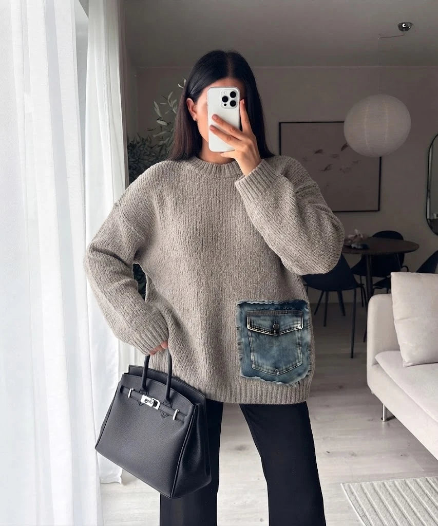ESTDP5 Taupe Mohair Denim-Pocket Sweater