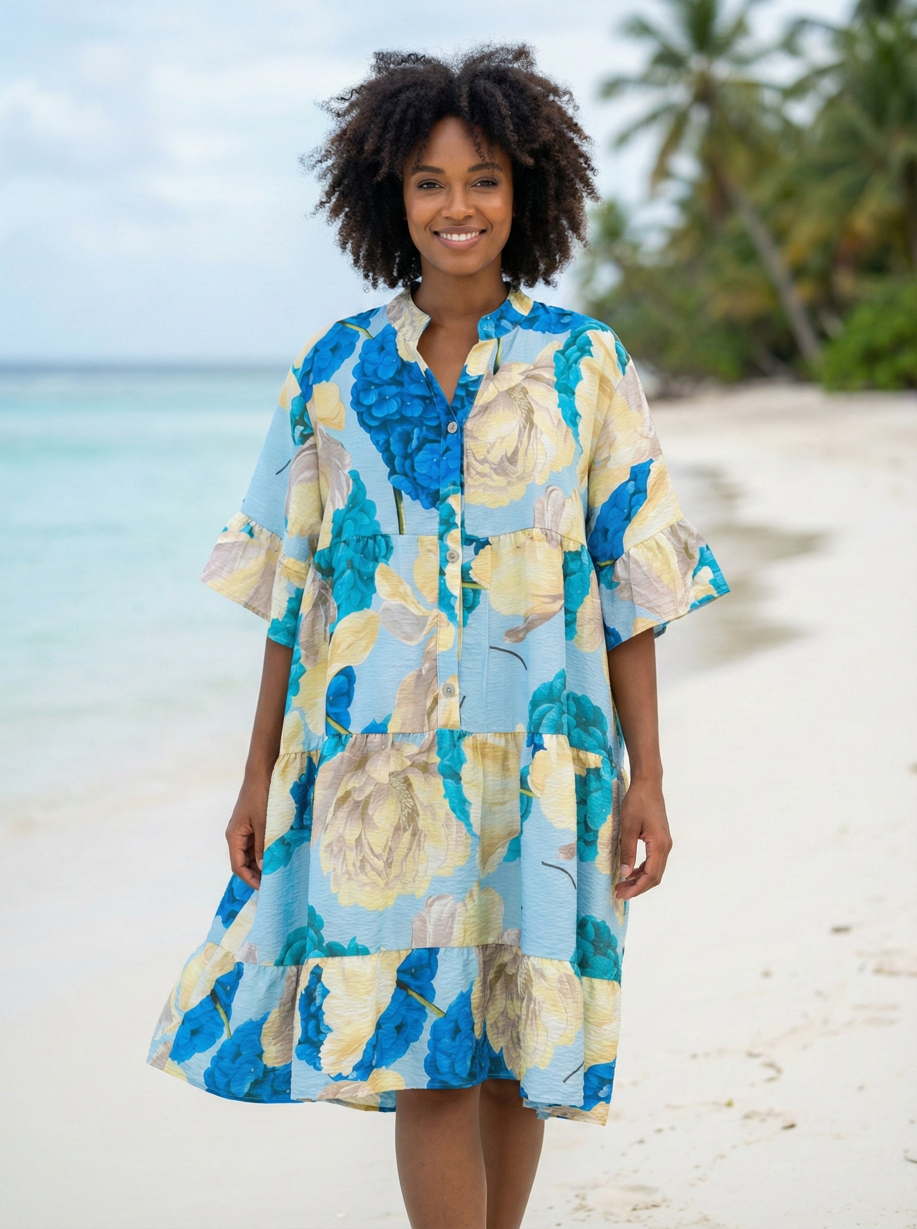 LOFDB Italian OS Light Blue Floral Tiered Button-Front Dress