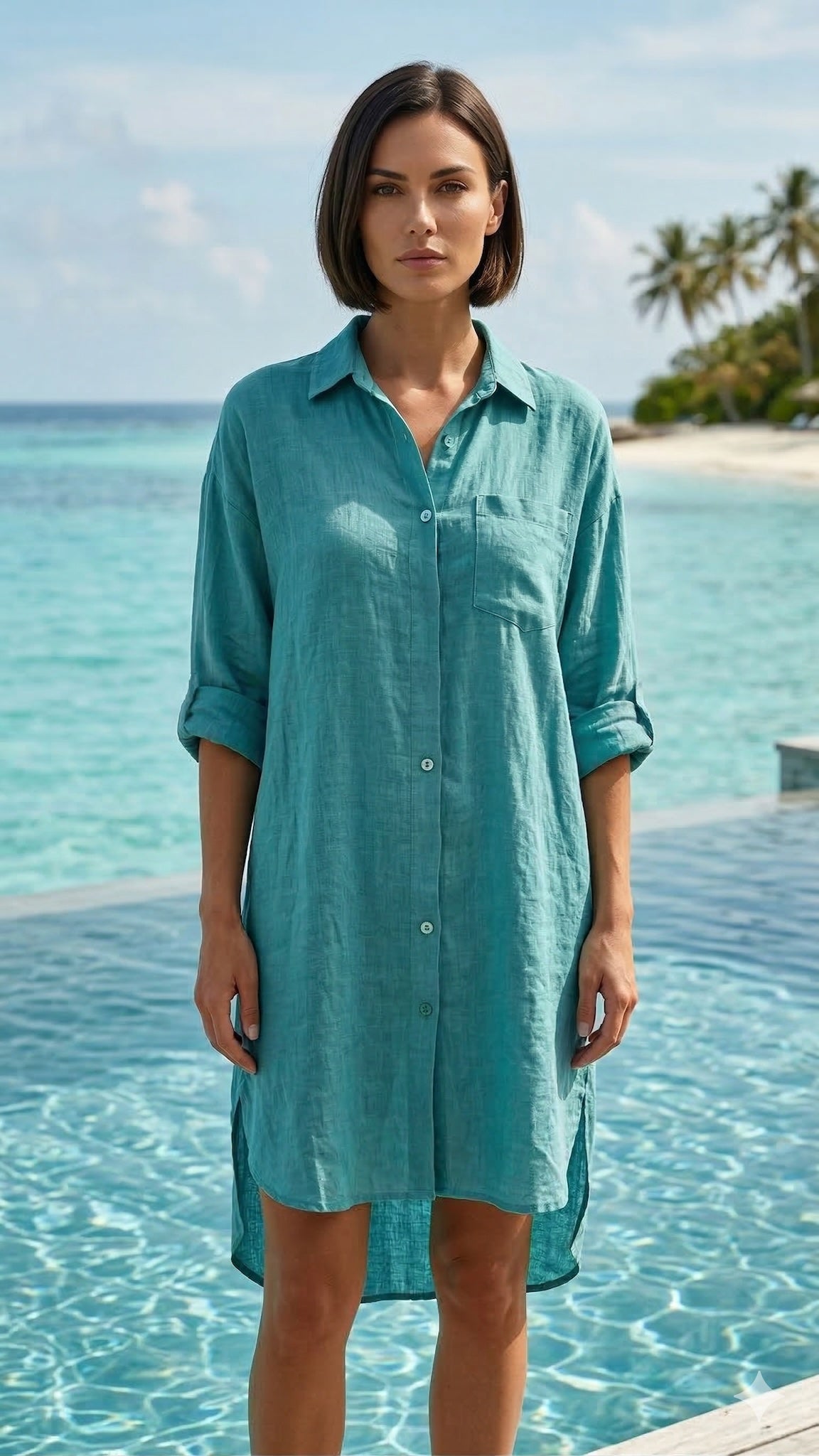 CACBDST Italian OS Teal Cotton Button-Down Shirt Dress
