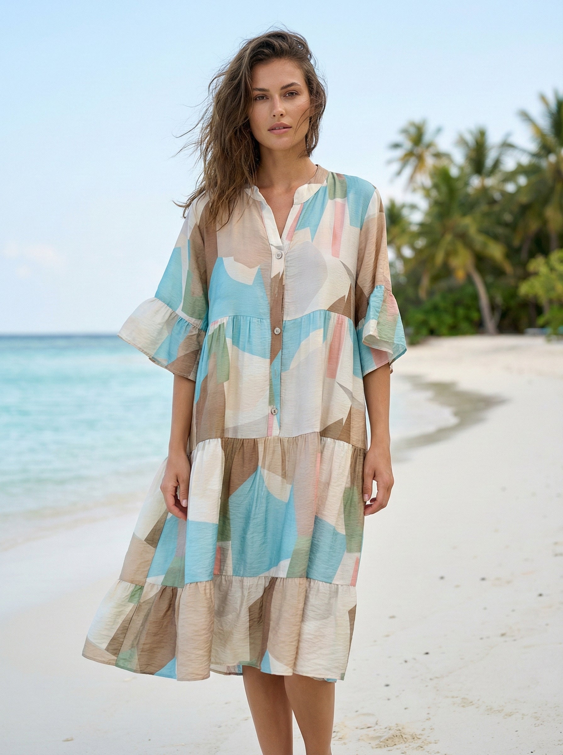 LOFDPA Italian OS Pastel Abstract Tiered Button-Front Dress