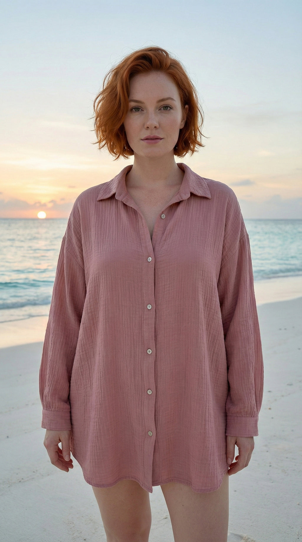 VIEYECDR Italian OS Rose Gauze Cotton Cover Up Button Shirt