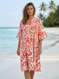 LOFDCO Italian OS Coral Abstract Tiered Button-Front Dress