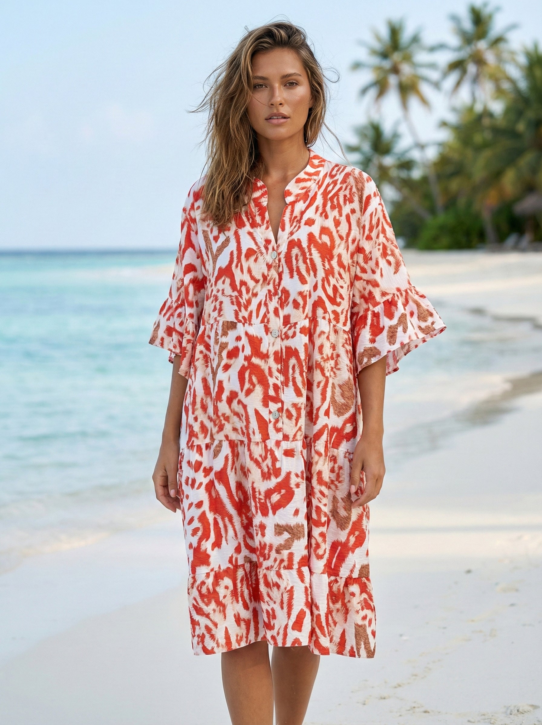 LOFDCO Italian OS Coral Abstract Tiered Button-Front Dress