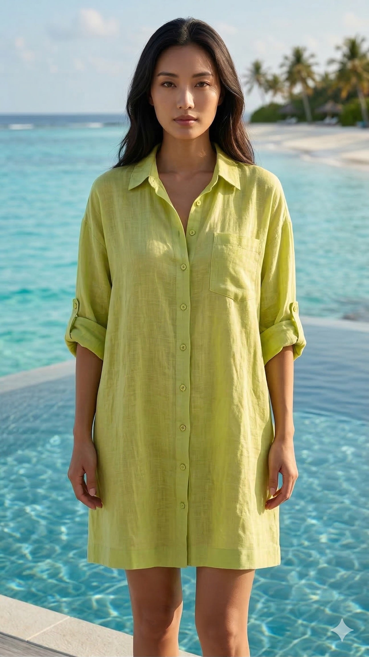 CACBDSG Italian OS Lime Green Cotton Button-Down Shirt Dress