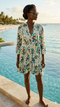 NBMDFTB Italian OS Teal & Beige Floral Tiered Mini Dress