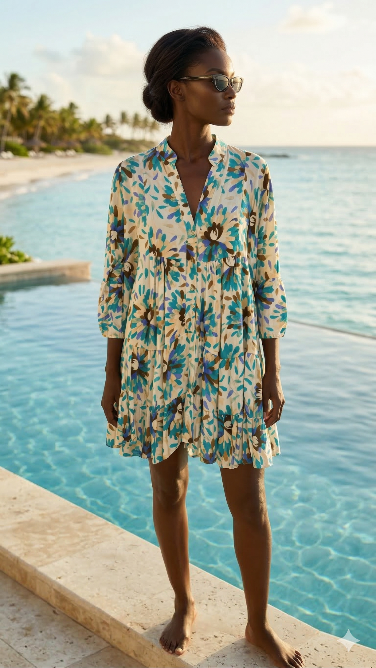 NBMDFTB Italian OS Teal & Beige Floral Tiered Mini Dress