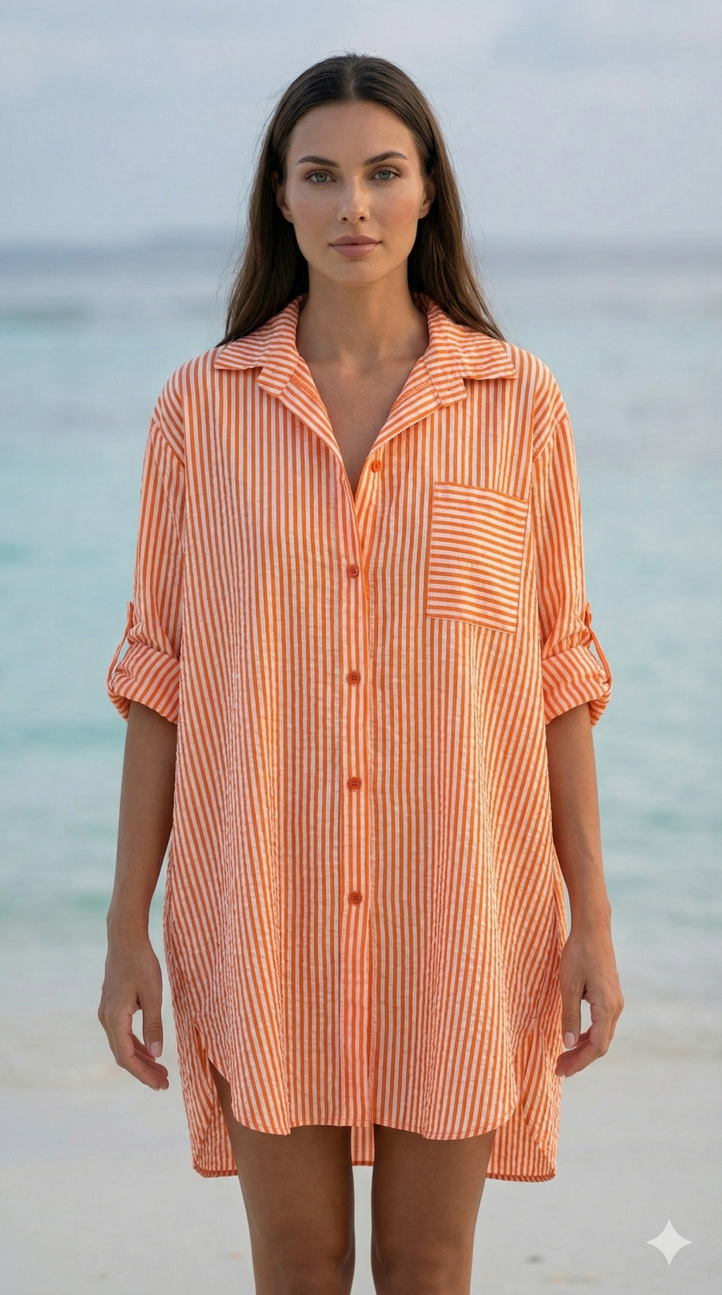 CACCUO Italian Orange Striped Cotton Shirt Dress