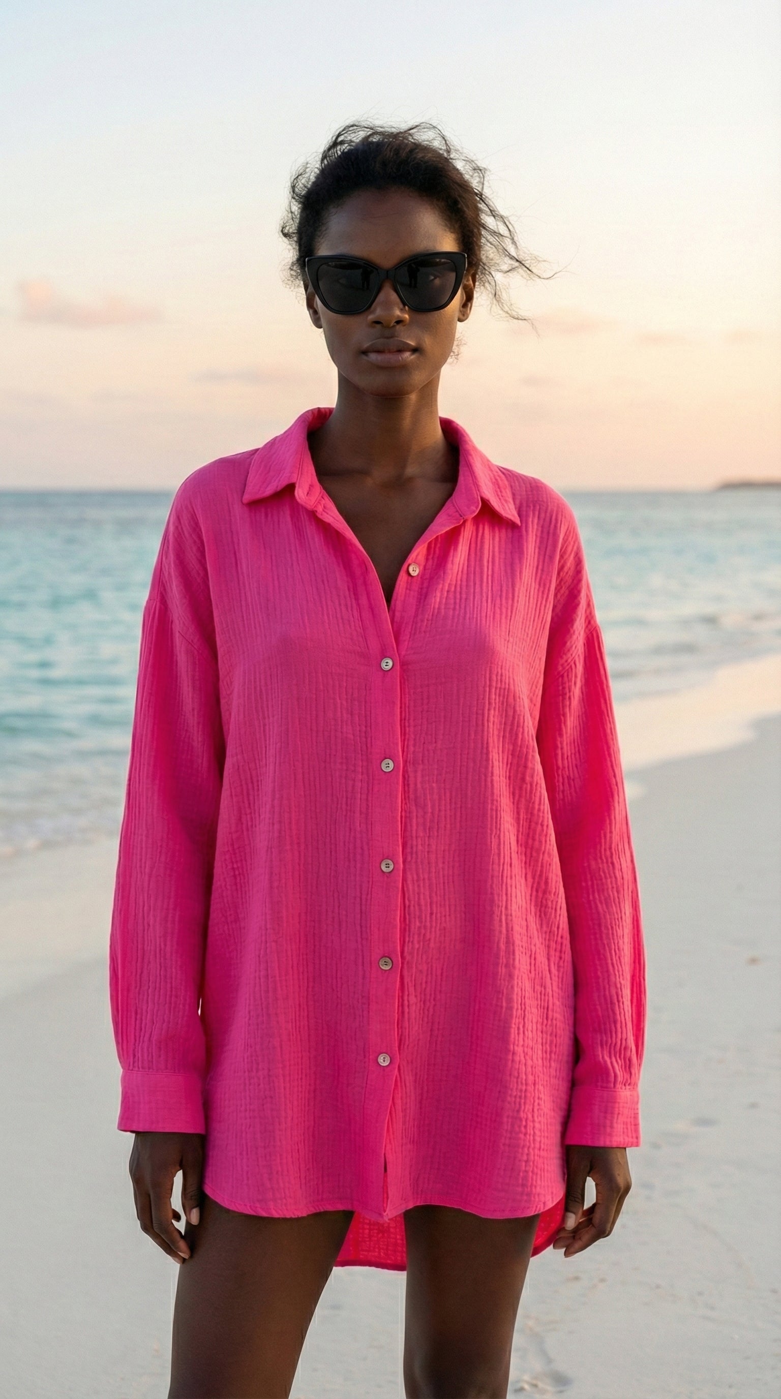 VIEYECF Italian OS Fuchsia Gauze Cotton Cover Up Button Shirt