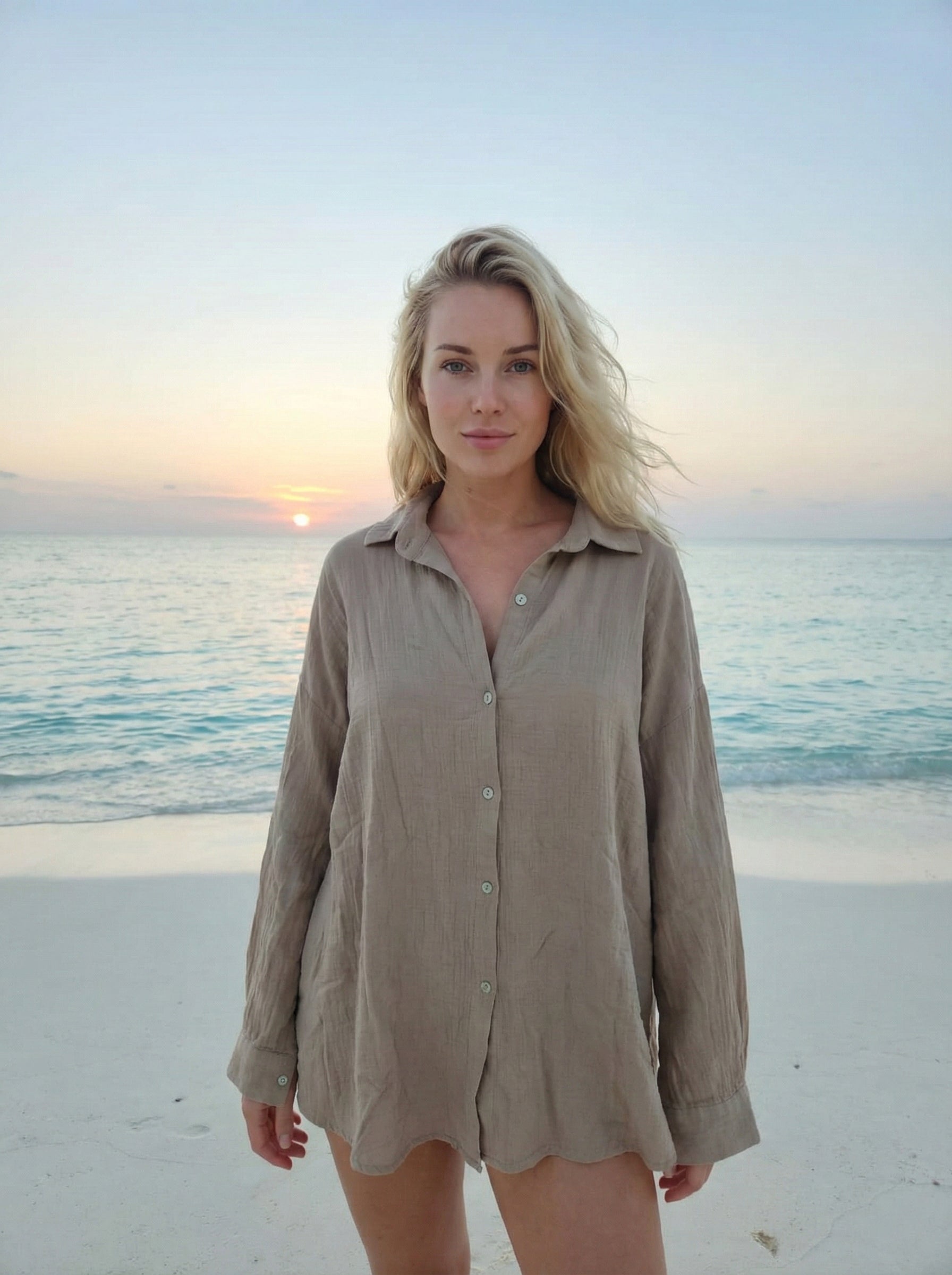 VIEYECTA Italian OS Taupe Gauze Cotton Cover Up Button Shirt