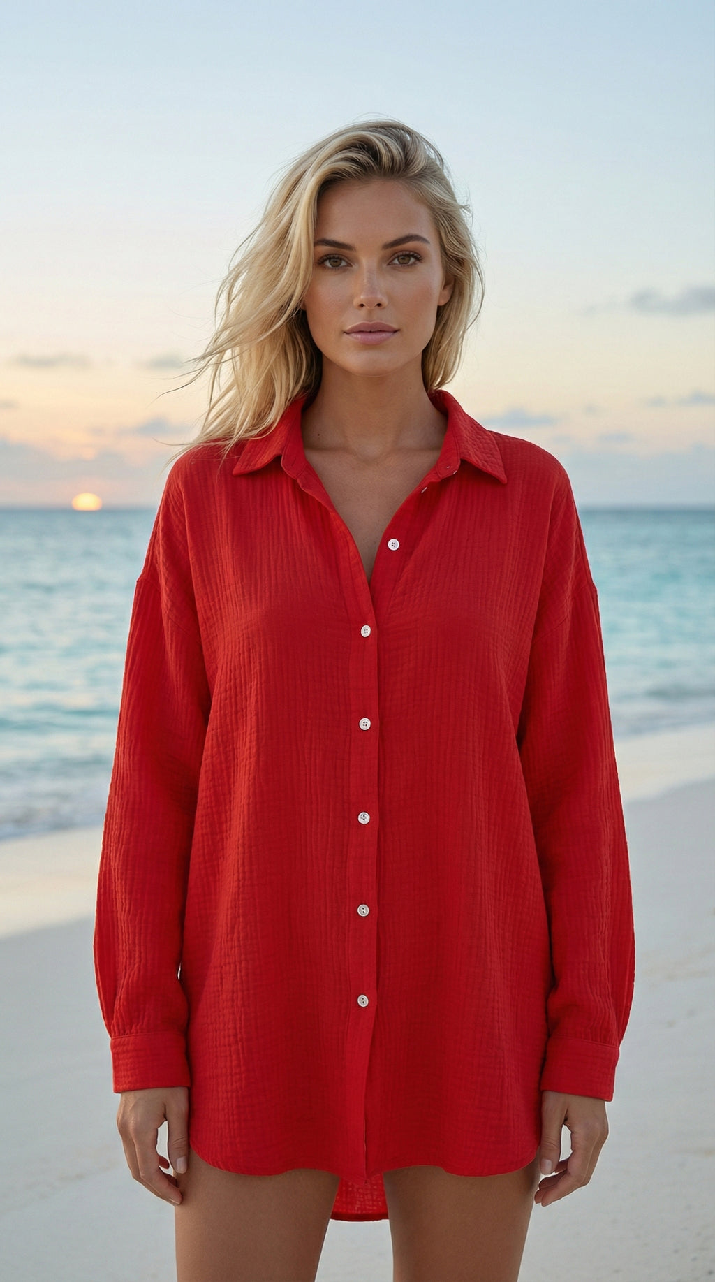 VIEYECR Italian OS Red Gauze Cotton Cover Up Button Shirt