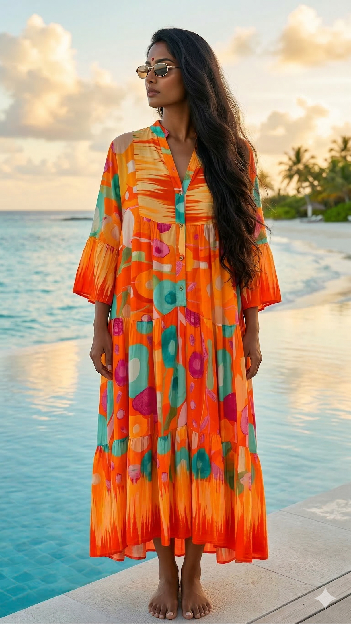 NBMXDOT Italian OS Orange & Turquoise Printed Maxi Dress
