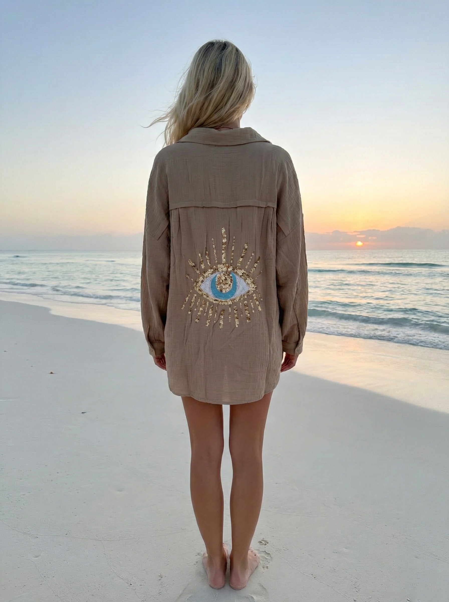 VIEYECTA Italian OS Taupe Gauze Cotton Cover Up Button Shirt