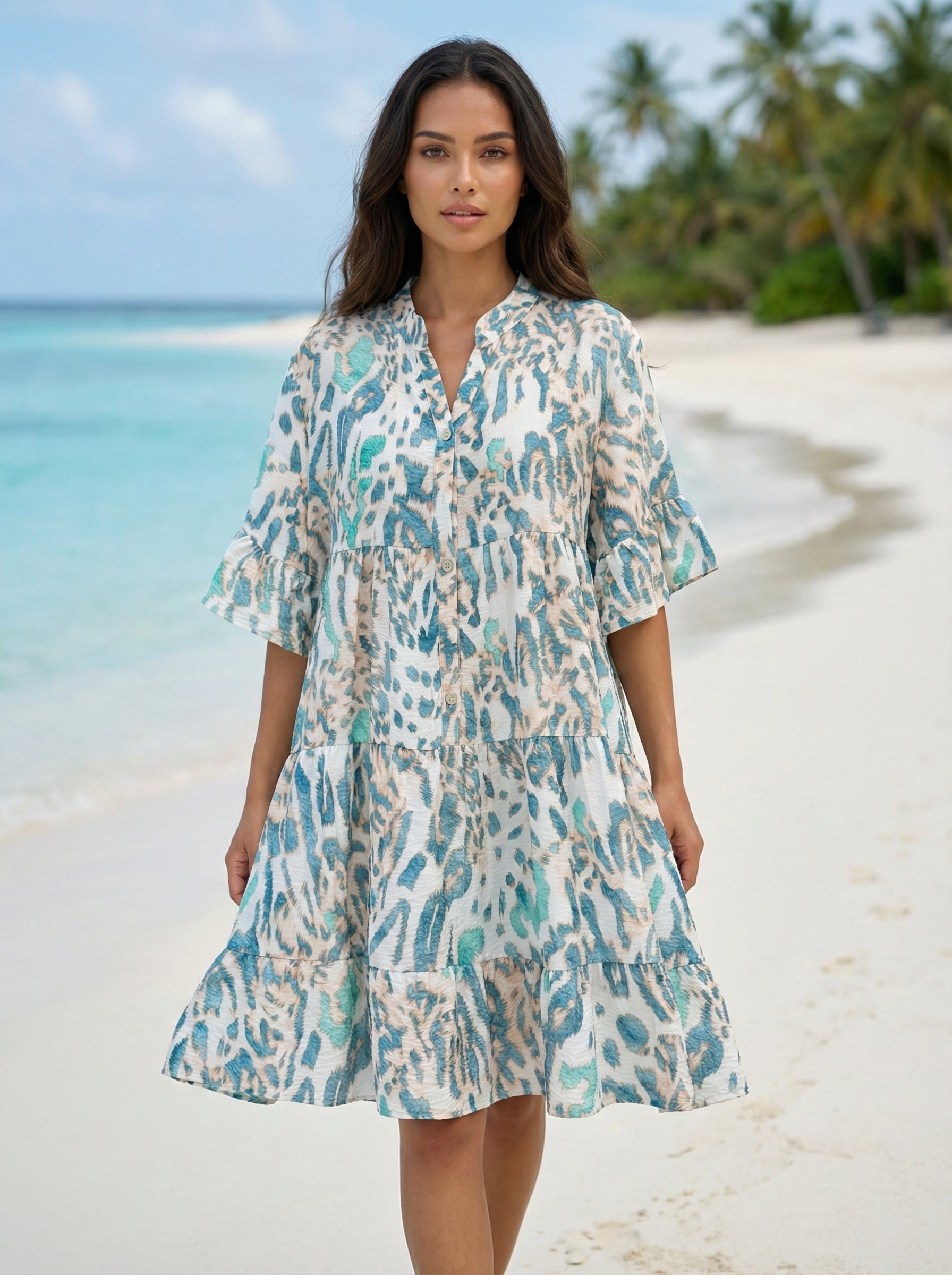 LOFDIT Italian OS Ivory & Turquoise Abstract Tiered Dress