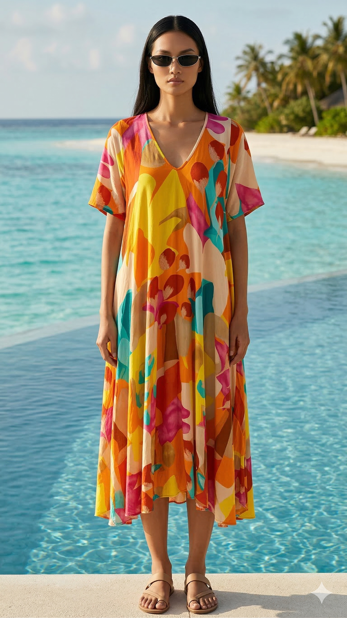 NBMDSYP Italian OS Yellow Pink Abstract Print V-Neck Maxi Dress