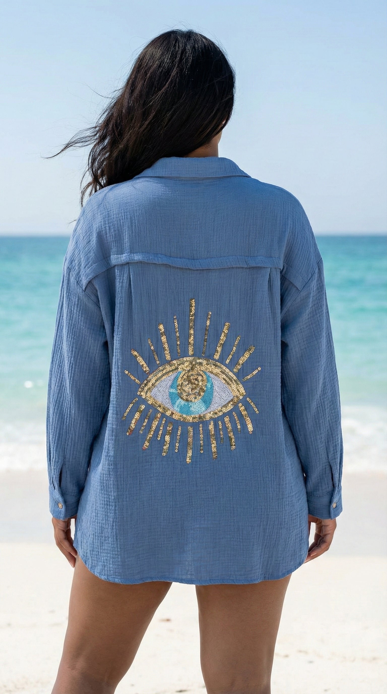 VIEYECDB Italian OS Denim Gauze Cotton Cover Up Button Shirt