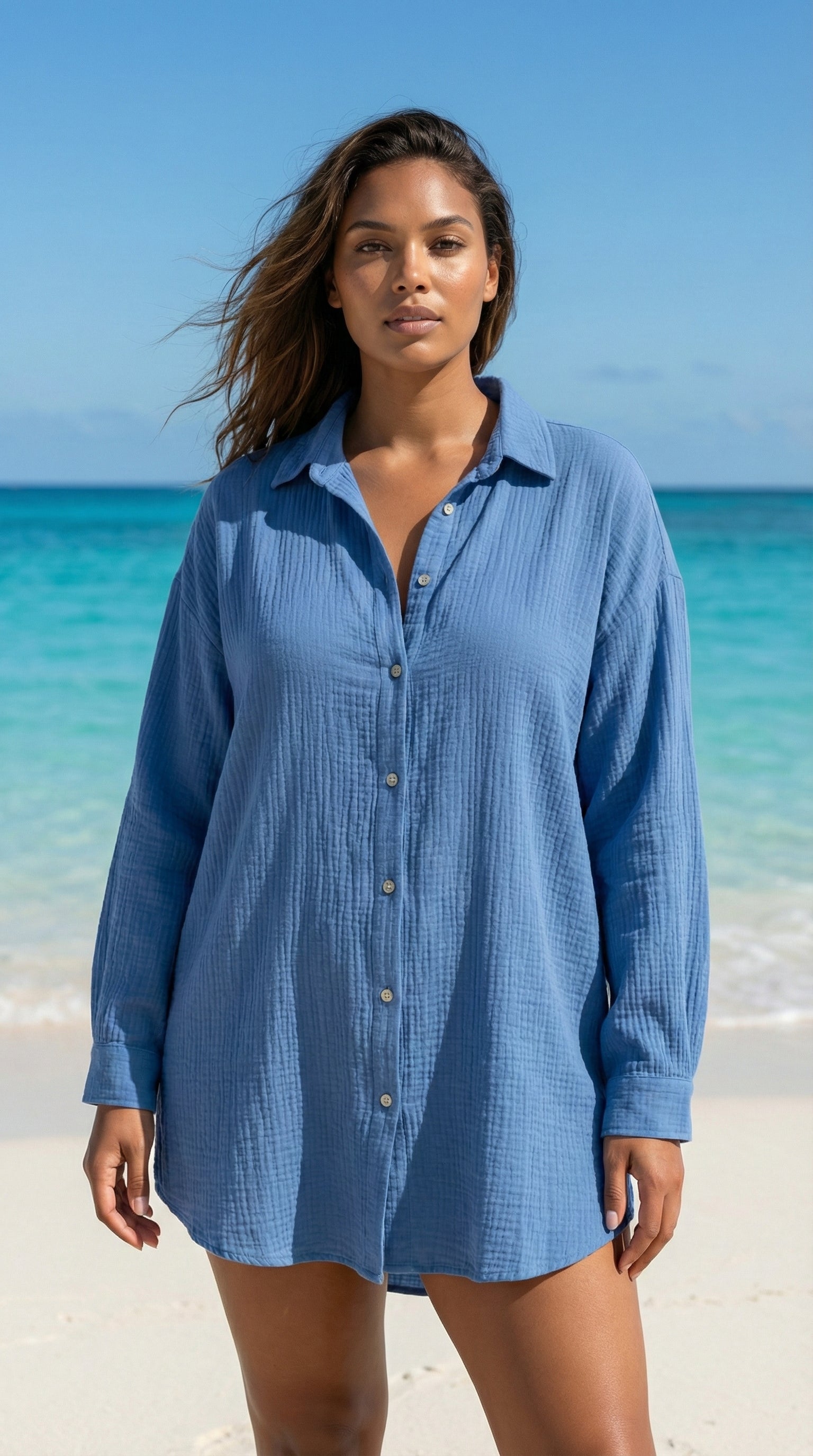 VIEYECDB Italian OS Denim Gauze Cotton Cover Up Button Shirt