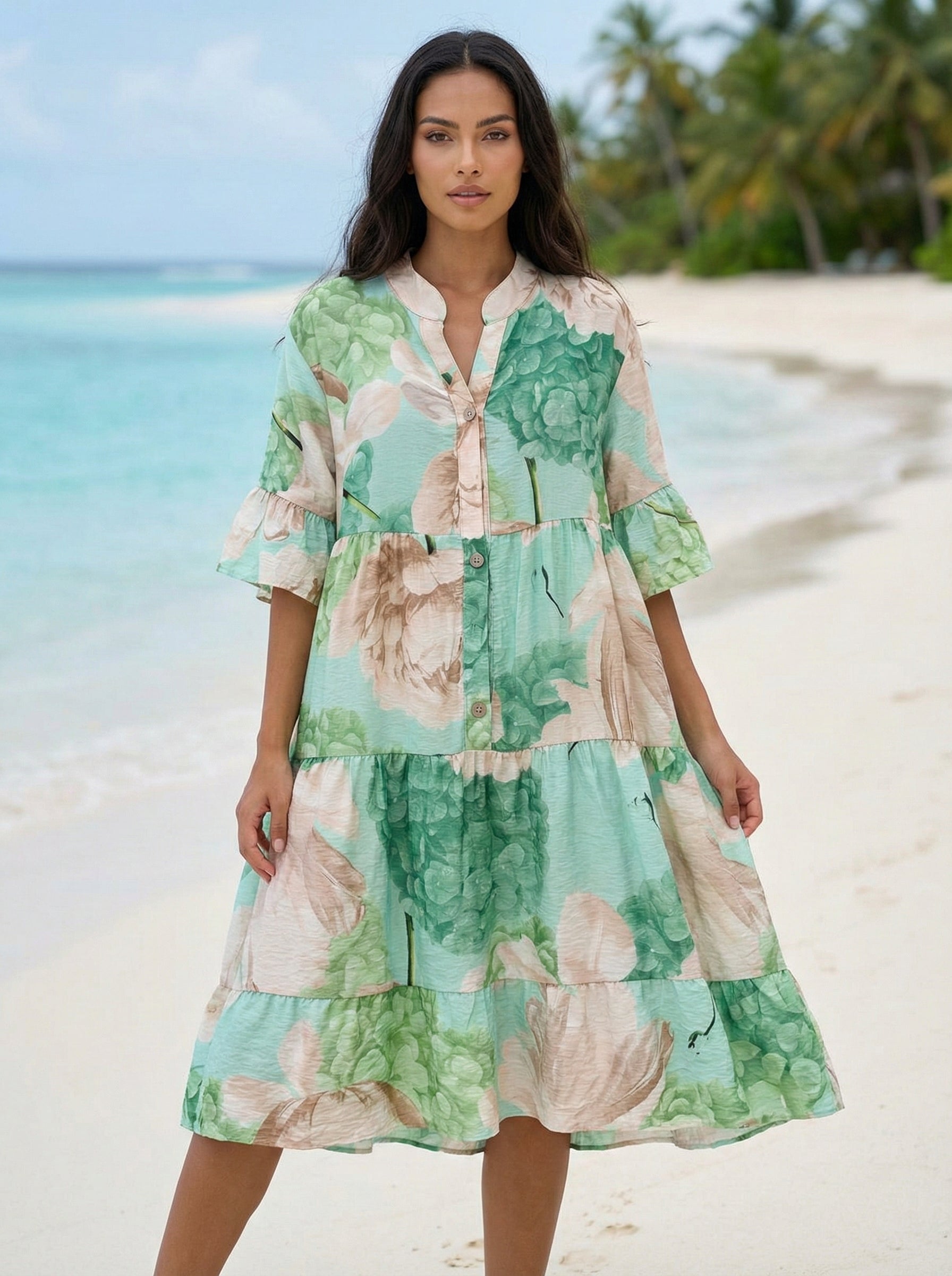 LOFDSM Italian One Size Soft Mint Floral Tiered Dress