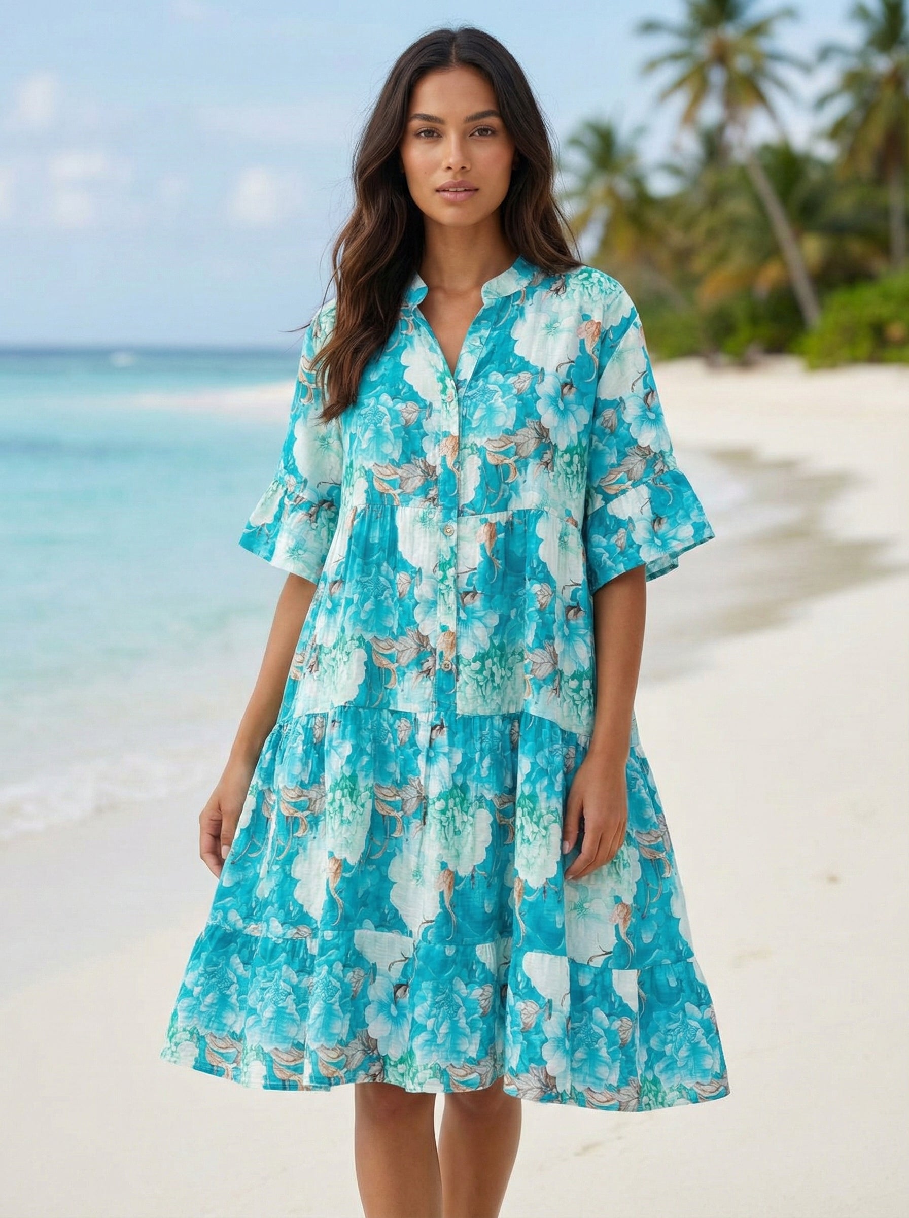 LOFDTF Italian One Size Turquoise Floral Tiered Dress