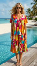NBMDSPO Italian OS Pink Orange Abstract Print V-Neck Maxi Dress