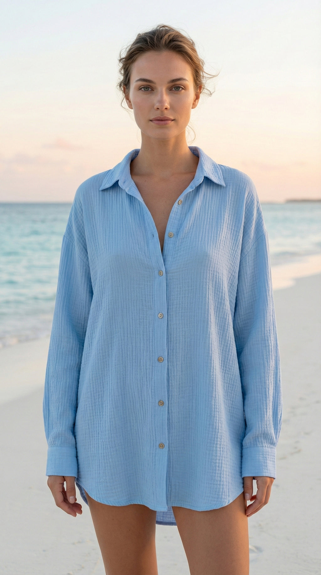 VIEYECSB Italian OS Blue Gauze Cotton Cover Up Button Shirt
