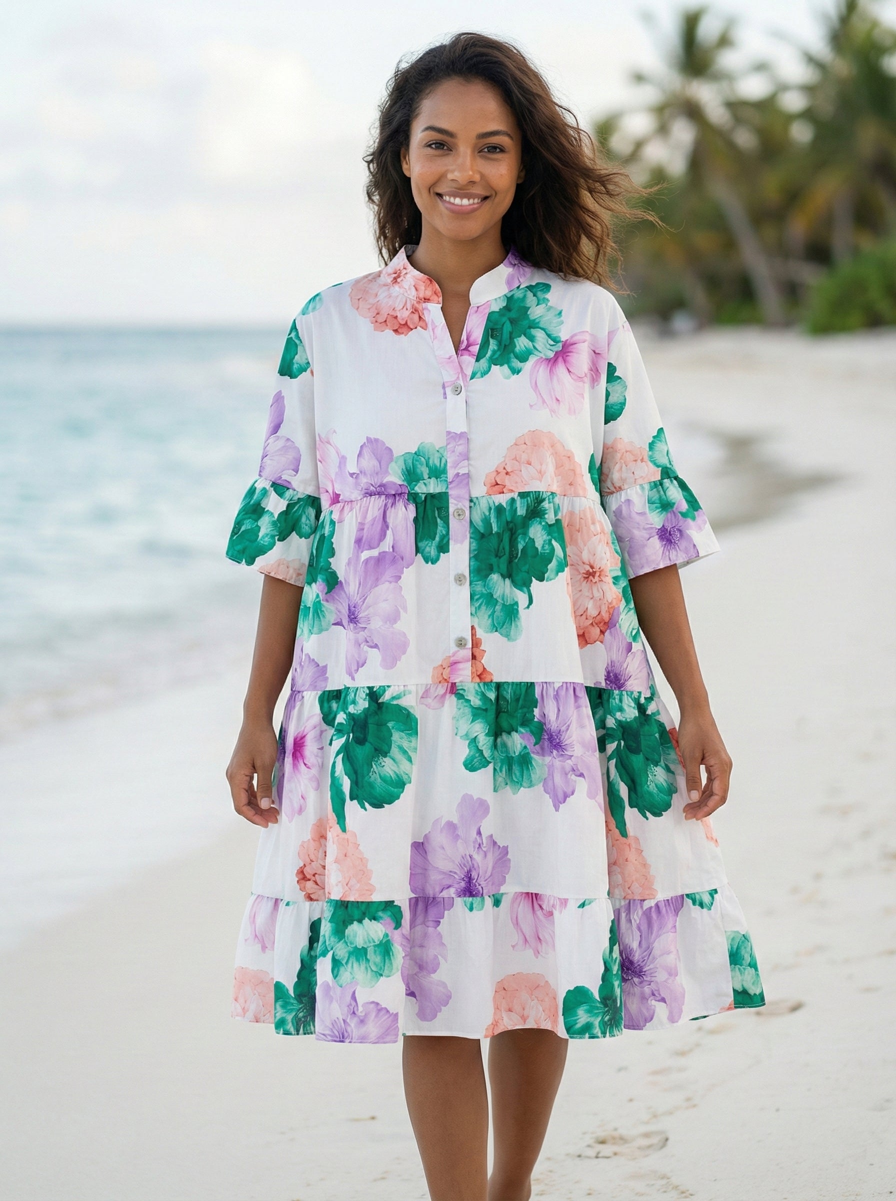 LOFLDW Italian One Size White Floral Tiered Button-Front Dress