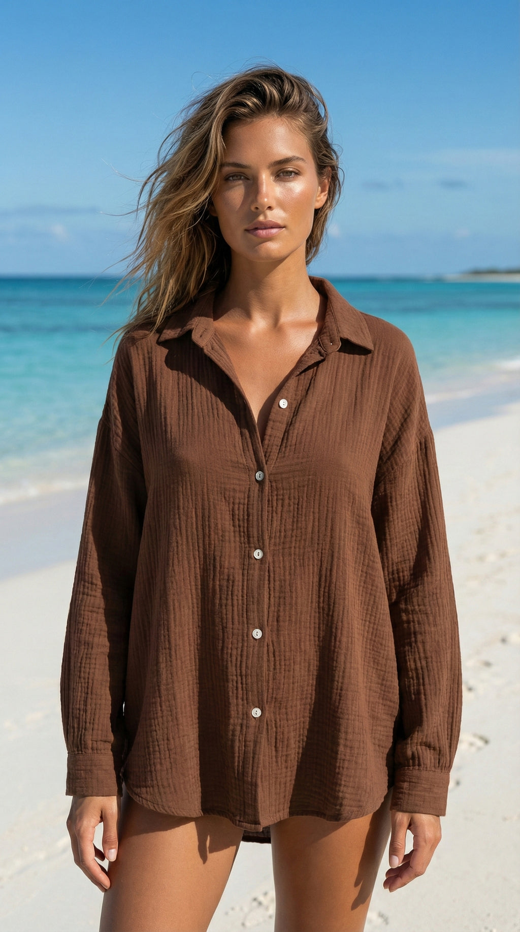 VIEYECCH Italian OS Choco Gauze Cotton Cover Up Button Shirt