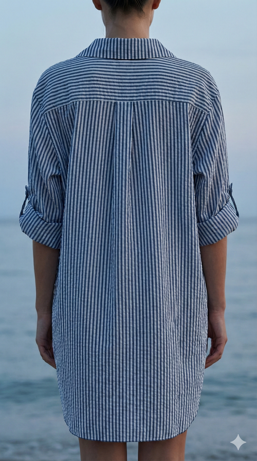 CACCUN Italian Navy Striped Cotton Shirt Dress