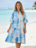 LOFDLB Italian OS Blue Abstract Tiered Button-Front Dress