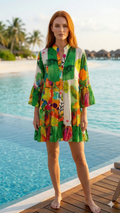 NBMDSGO Italian OS Green & Orange Abstract Tiered Mini Dress