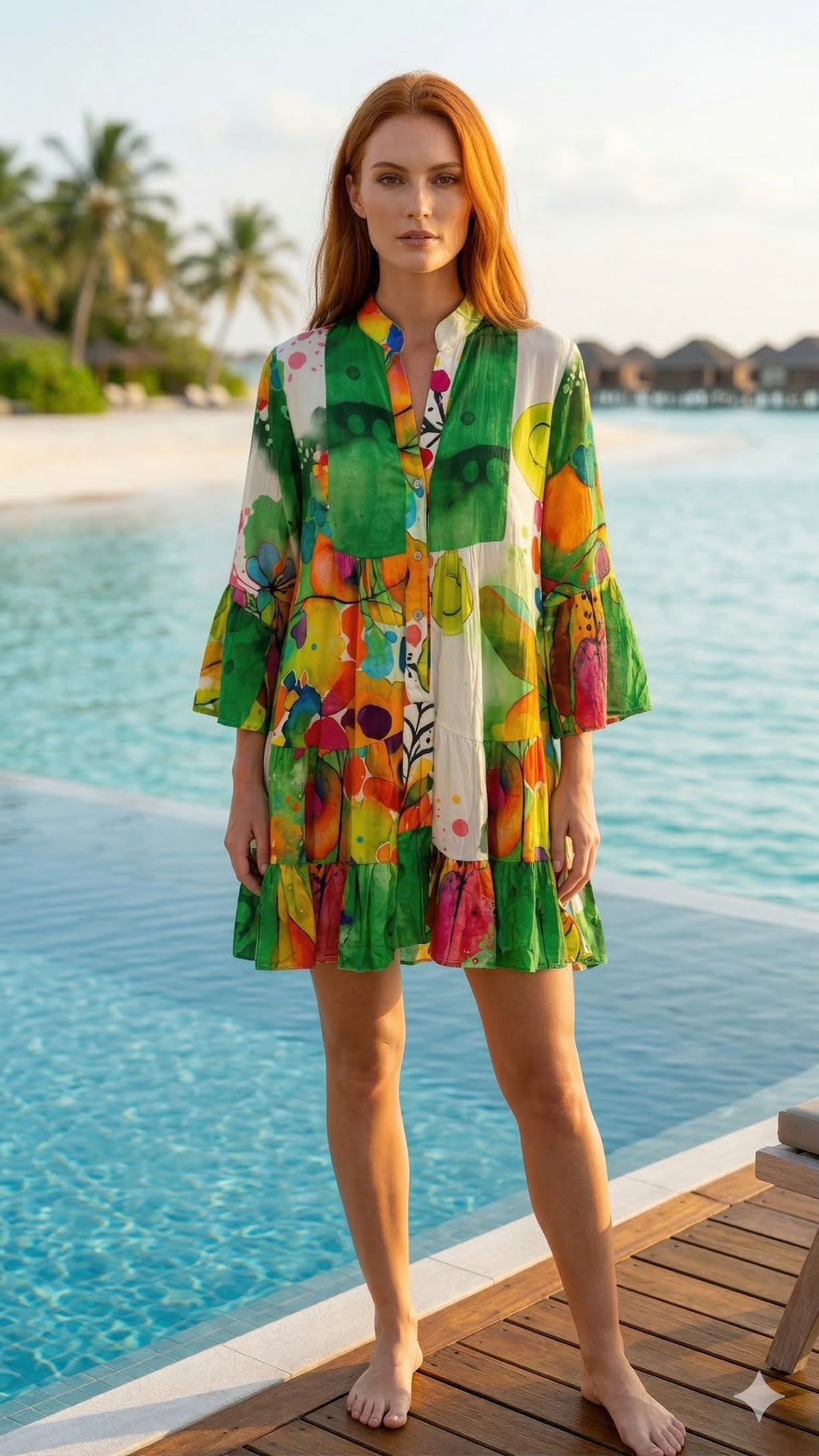 NBMDSGO Italian OS Green & Orange Abstract Tiered Mini Dress