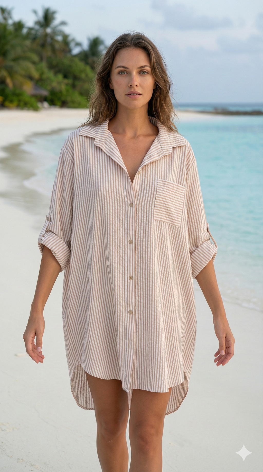 CACCUT Italian Taupe Striped Cotton Shirt Dress