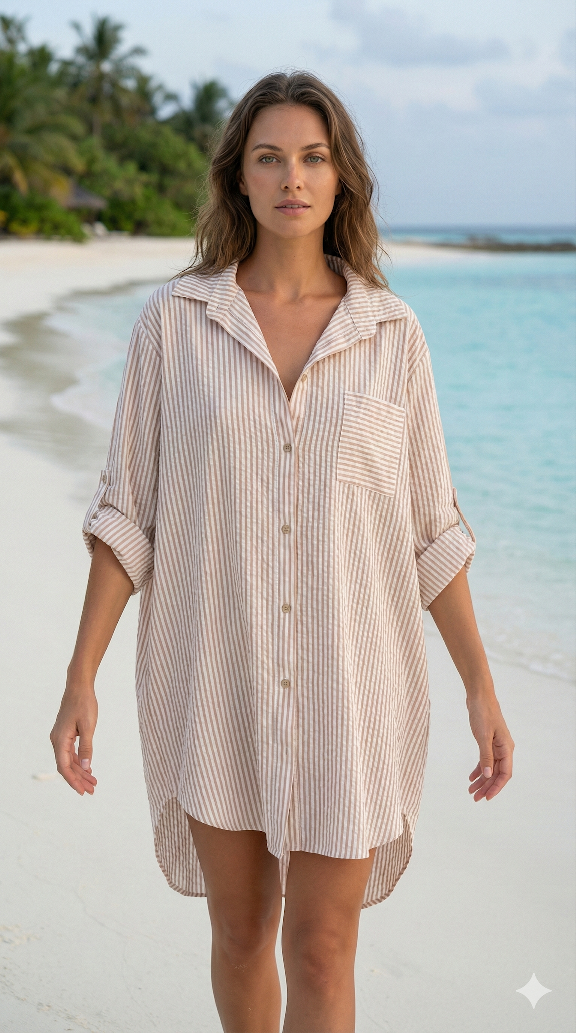CACCUT Italian Taupe Striped Cotton Shirt Dress